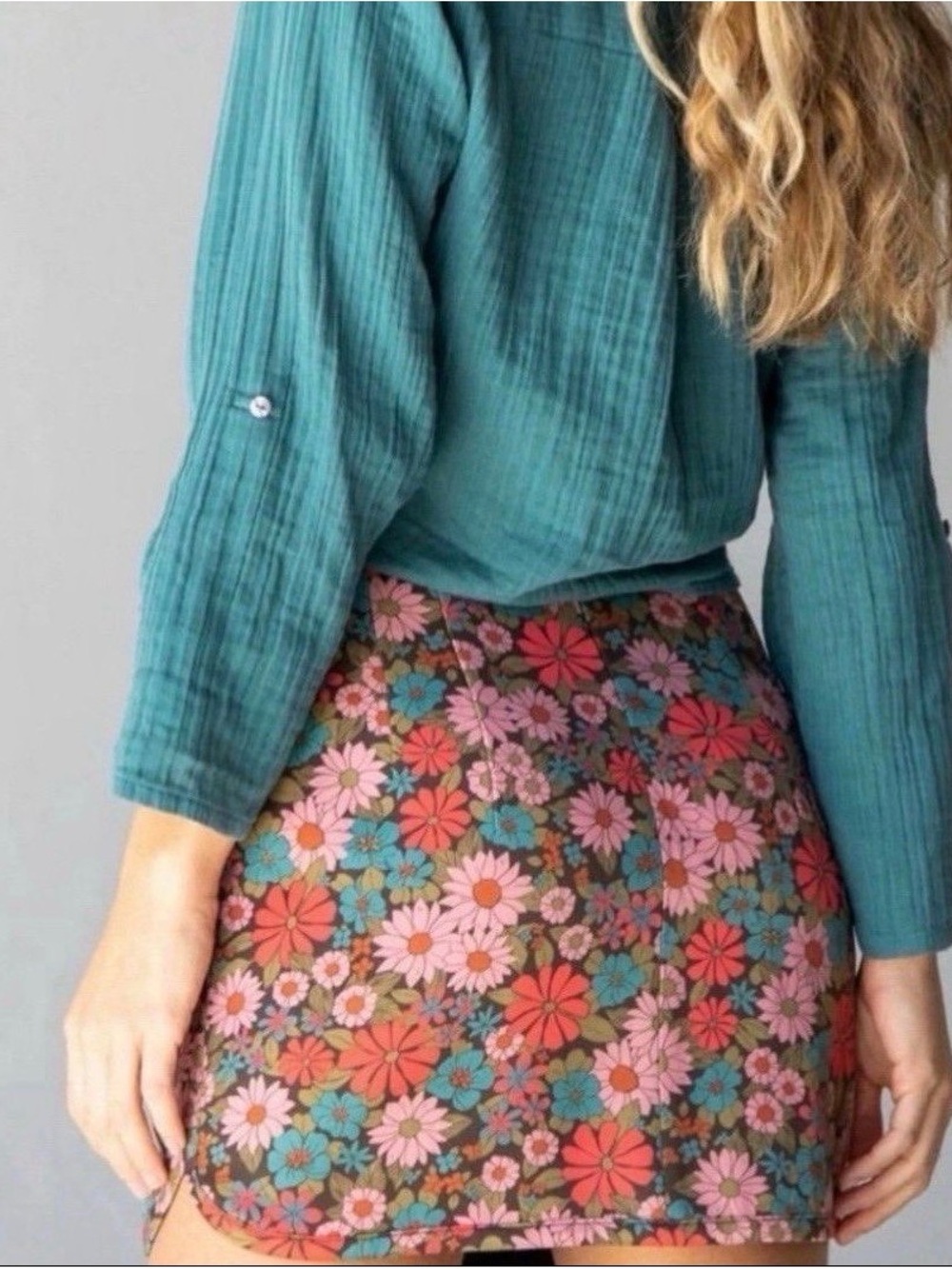 NATURAL LIFE Floral Mini Skirt in Pink, Teal & Brown
